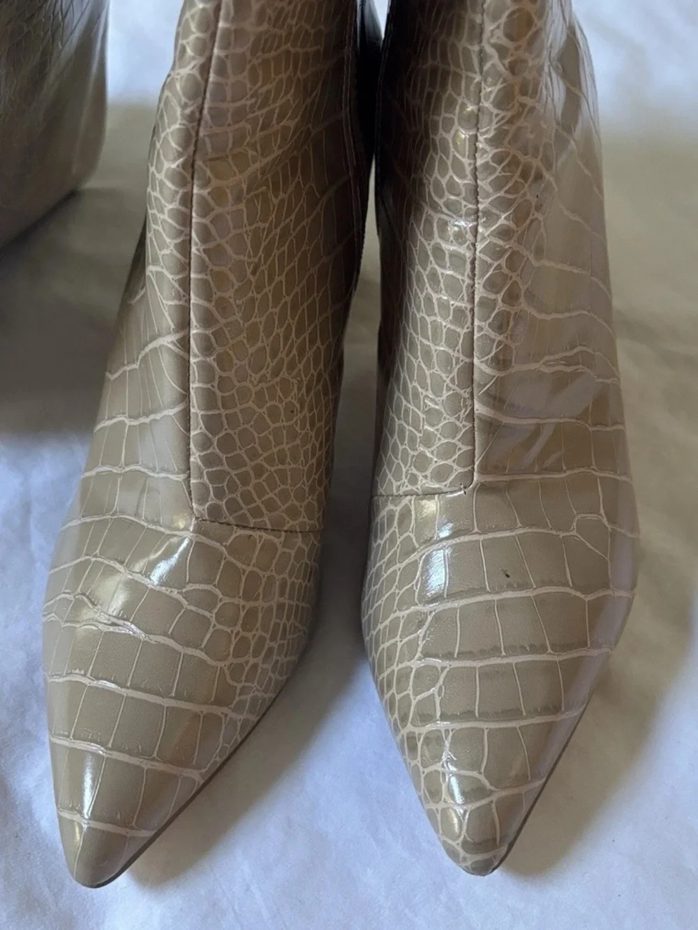 Women’s Croc Embossed Knee High Boots Pointed Toe Block Heel Taupe Size 8.5